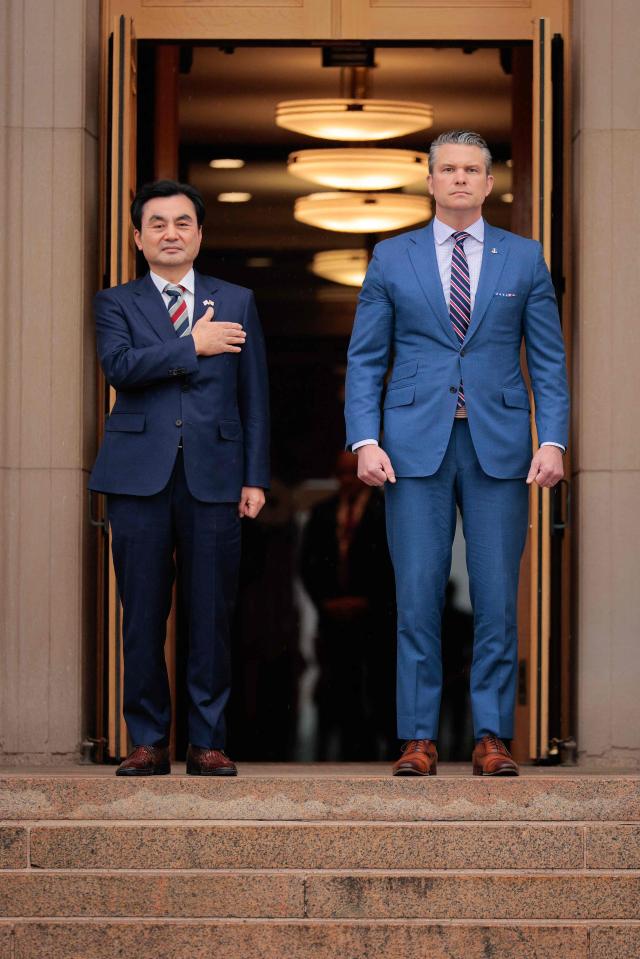 US Secretary of War Pete Hegseth R hosts South Korean Minister of National Defense Ahn Gyu-back for an honor cordon ceremony at the Pentagon on May 11 2026 in Arlington Virginia This is Ahn Gyu-backs first official visit to the United States since taking office Chip SomodevillaGetty ImagesAFP Getty Images via AFPYonhap