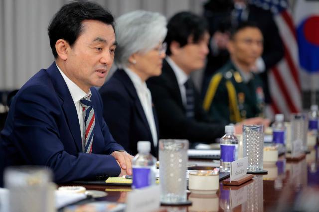 South Korean Minister of National Defense Ahn Gyu-back delivers opening remarks during a bilateral meeting hosted by US Secretary of War Pete Hegseth at the Pentagon on May 11 2026 in Arlington Virginia Getty Images via AFPYonhap