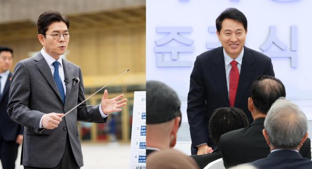 12일 서울 동대문구 전농동 청량리역광장에서 서울 공간 대전환 공약을 발표하고 있는 서울시장 정원오 더불어민주당 후보왼쪽와 서울 종로구 광화문광장에서 열린 감사의정원 준공식에서 참석자들에게 인사하고 있는 오세훈 국민의힘 후보 사진각 후보 선거사무소