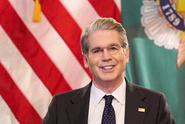 Treasury Secretary Scott Bessent attends a meeting with members of the Association of Mature American Citizens AMAC about financial literacy Wednesday April 29 2026 at the Treasury Department in Washington AP-Yonhap 