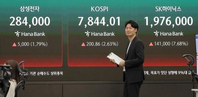 13일 서울 중구 하나은행 본점 딜링룸 현황판에 코스피 SK하이닉스 삼성전자 종가가 표시되고 있다 사진연합뉴스