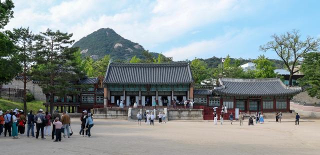Visitors look around Jibokjae known as King Gojong’s royal library at Gyeongbokgung Palace in central Seoul on May 13 2026 AJP Yoo Na-hyun