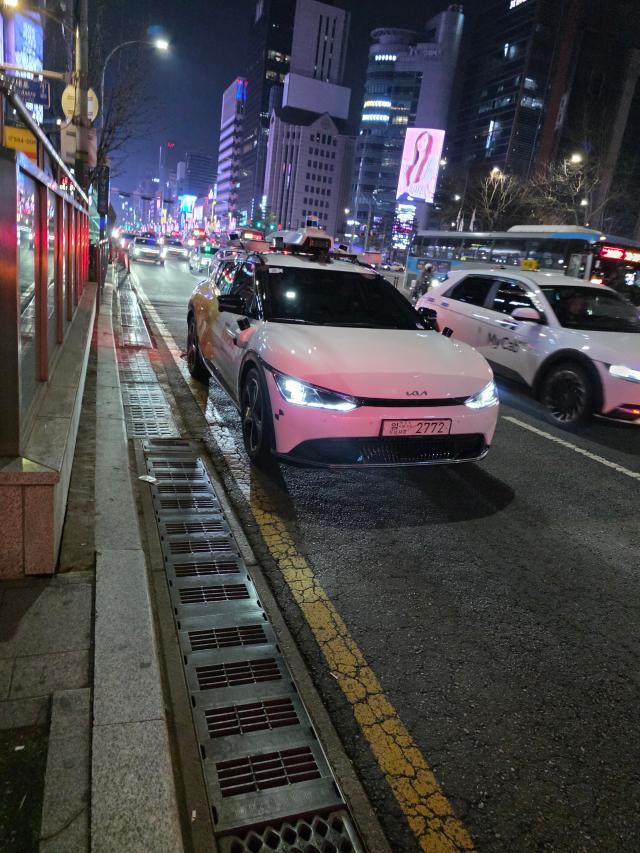 A self-driving car developed by Kakao Mobility is being tested in Gangnam, Seoul last month.