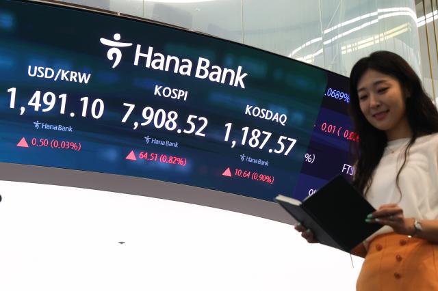 14일 서울 중구 하나은행 본점 딜링룸 현황판에 원달러 환율 코스피 코스닥 지수가 표시돼 있다 이날 코스피는 전 거래일 대비2990p038 오른 787391으로 코스닥 지수는 전장보다 1009p086 오른 118702로 출발했다 원달러 환율은 전날보다 08원 내린 14898원에 개장했다 사진연합뉴스