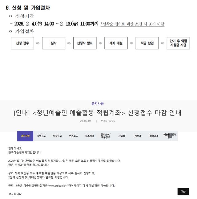 예술인복지재단에서 진행하는 ‘청년예술인 예술활동증명계좌’ 접수는 2026년 2월 4일 시작한 지 반나절도 채 되지 않아 선착순 마감됐다 예술활동증명 심사에 수개월이 소요되는 것과 대조적이다 출처 예술인복지재단 홈페이지 