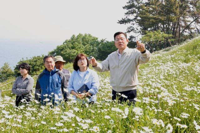정화영 부안군수 권한대행맨 오른쪽이 14일 변산마실길 주요 구간을 직접 방문해 샤스타데이지 개화율과 현장 관리 상황 관광객 편의시설 등을 점검하고 있다사진부안군