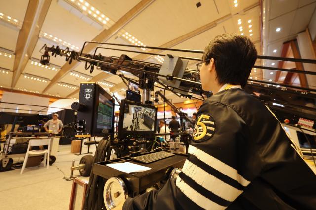 A visitor experiences a filming crane at KOBA 2026 held at COEX in Gangnam-gu Seoul May 14 2026 AJP Han Jun-gu