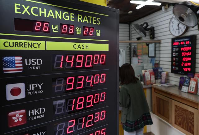 A signboard displays the foreign exchange rates at a currency exchange office in Seoul on May 14 2026 Yonhap