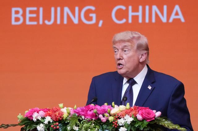 President Donald Trump speaks during a state dinner with Chinas President Xi Jinping at the Great Hall of the People on Thursday May 14 2026 in Beijing APYonhap