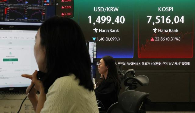 18일 오후 서울 중구 하나은행 전광판에 원달러 환율과 코스피가 표시돼 있다 사진연합뉴스