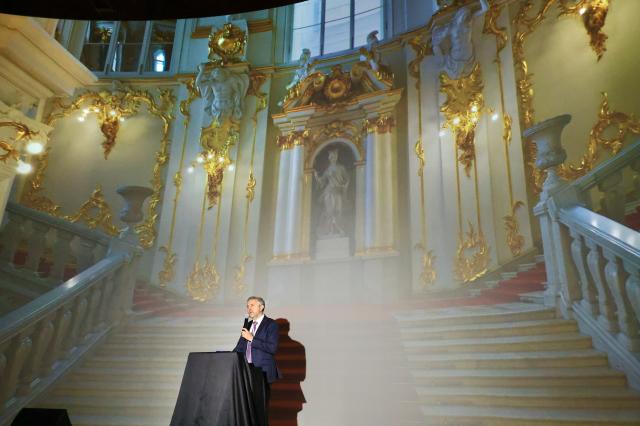 Russian Ambassador to South Korea Georgy Zinoviev delivers welcoming remarks at The Magnificent Hermitage exhibition held at the Oil Tank Culture Park in Mapo-gu Seoul May 18 2026 AJP Han Jun-gu