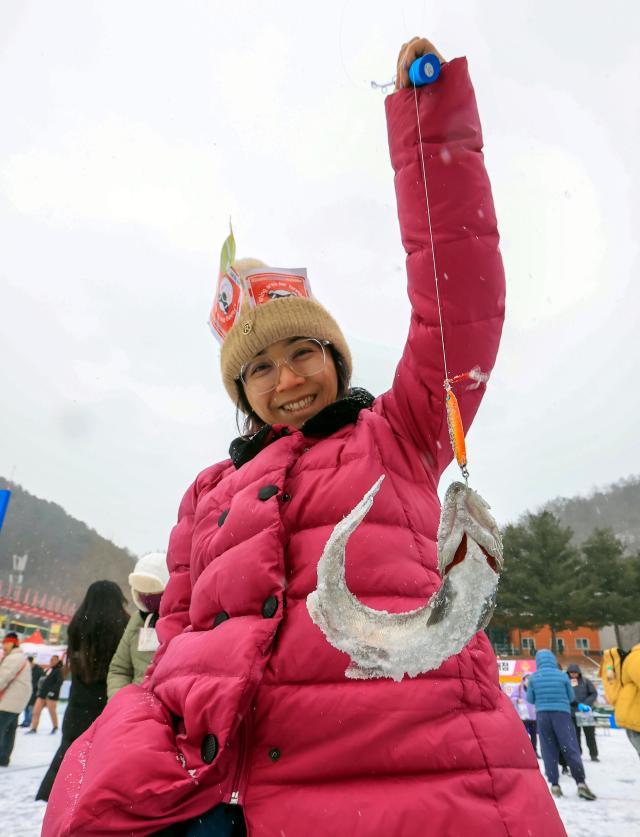 외국인 관광객이 지난 1월 화천산천어축제장에서 얼음낚시를 즐기고 있는 모습사진화천군
