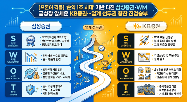 삼성증권과 KB증권이 업계 선두권을 놓고 치열한 경쟁중인 가운데 두 기업을 SWOT(강점, 약점, 기회, 위협) 분석으로 비교하여 시각화한 인포그래픽이다. [제작=Gemini]