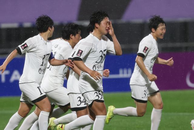 Naegohyang Women’s Football Club players celebrate after Choe Kum-ok scores an equalizer during the AFC Women’s Champions League semifinal match against Suwon FC Women at Suwon Sports Complex in Suwon Gyeonggi Province on May 20 2026 Courtesy of Yonhap News Agency