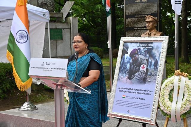 Kalpana Prasad a grand-niece of Lt Col AG Rangaraj speaks during a commemorative ceremony for the Indian War Memorial at Imjingak in Paju South Korea on May 21 2026 Courtesy of the Indian Embassy in Seoul