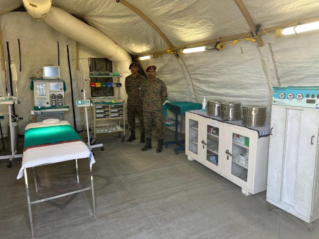 Medical personnel stand inside a field medical facility operated by the 60th Parachute Field Ambulance at the Indian Army’s 50th Independent Parachute Brigade in Agra India on March 1 2026 AJP Kim Hee-su