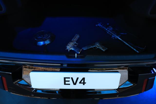 A Kia EV4 vehicle is displayed alongside PUBG-themed props at Kia Unplugged Ground in Seoul’s Seongsu district on May 22 2026 AJP Han Jun-gu