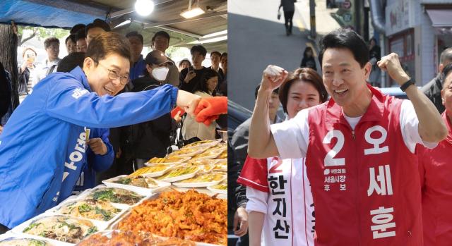 23일 서울 은평구 연서시장에서 거리인사를 하고 있는 정원오 더불어민주당 서울시장 후보왼쪽·같은 날 강서구 까치산시장에서 유세 중인 오세훈 국민의힘 서울시장 후보 사진각 후보 캠프