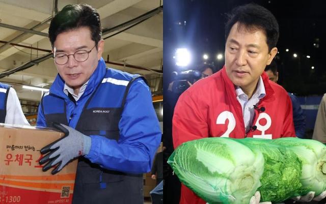  동서울우편집중국 찾아 택배 업무 체험하는 정원오 후보왼쪽와 가락시장 찾아 배추 나르는 오세훈 후보 사진연합뉴스