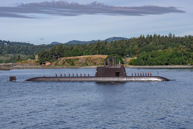 Sailors aboard the ROKS Dosan Ahn Chang-ho salute as it arrives at the Esquimalt naval base in Victoria Canada on May 23 2026 for joint training with the Canadian Navy Courtesy of the ROK Navy