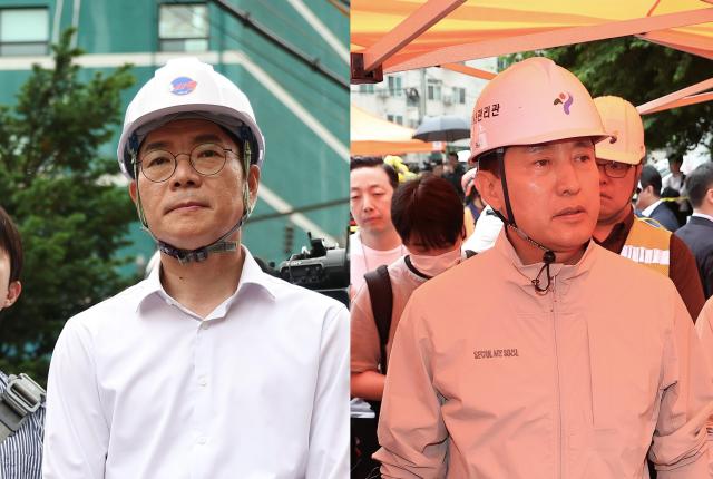 26일 붕괴 사고가 발생한 서울 서대문구 서소문 고가차도 철거 현장을 찾은 정원오 더불어민주당 서울시장 후보왼쪽·오세훈 국민의힘 서울시장 후보 사진연합뉴스