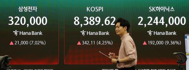 27일 서울 중구 하나은행 딜링룸 현황판에 코스피 및 삼성전자 SK하이닉스 주가 등이 표시되고 있다 사진연합뉴스