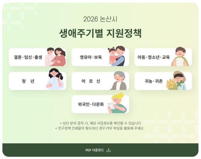 홈페이지 생애주기별 콘텐츠 화면사진논산시