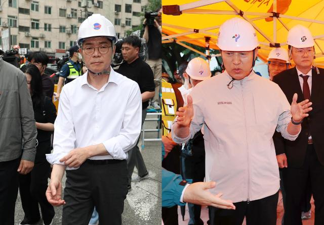 26일 오후 붕괴 사고가 발생한 서울 서대문구 서소문 고가차도 철거 현장을 찾은 정원오 더불어민주당 서울시장 후보(왼쪽)·오세훈 국민의힘 서울시장 후보 [사진=연합뉴스]
