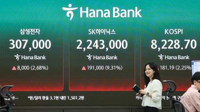지난 27일 서울 중구 하나은행 본점 딜링룸 현황판에 삼성전자 SK하이닉스 코스피 종가가 표시돼 있다 이날 코스피는 전장보다 18119포인트225 오른 822870으로 마감하며 사상 최고치를 또 경신했다 사진연합뉴스