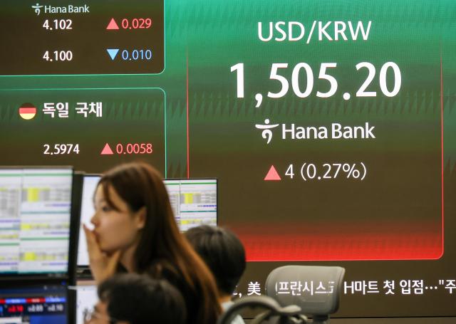 The Korean won-US dollar exchange rate is displayed on a screen at the dealing room of Hana Bank headquarters in central Seoul on May 28 2026 AJP Yoo Na-hyun