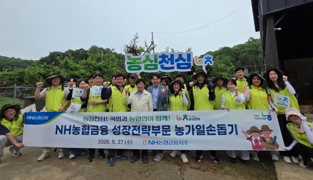NH농협금융이 지난 27일 경기도 연천군 소재 사과재배 농가에서 사과적과열매 솎기 일손돕기 활동을 진행했다 사진NH농협금융