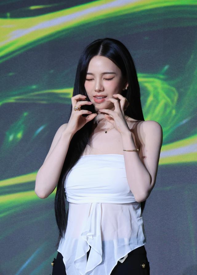 Karina poses at the press conference for aespas second full-length album LEMONADE at Sofitel Ambassador Seoul Hotel in Jamsil Seoul on May 28 2026 AJP Han Jun-gu