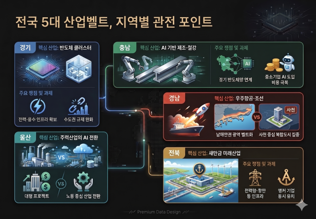전국 5대 산업벨트 지역별 관전 포인트 디자인Gemini