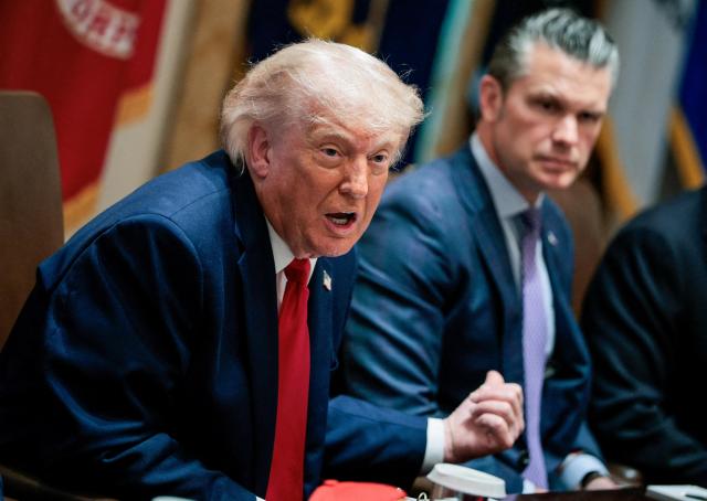 US President Donald Trump speaks next to Defense Secretary Pete Hegseth during a cabinet meeting in the Cabinet Room at the White House in Washington DC on May 27 2026 Reuters-Yonhap