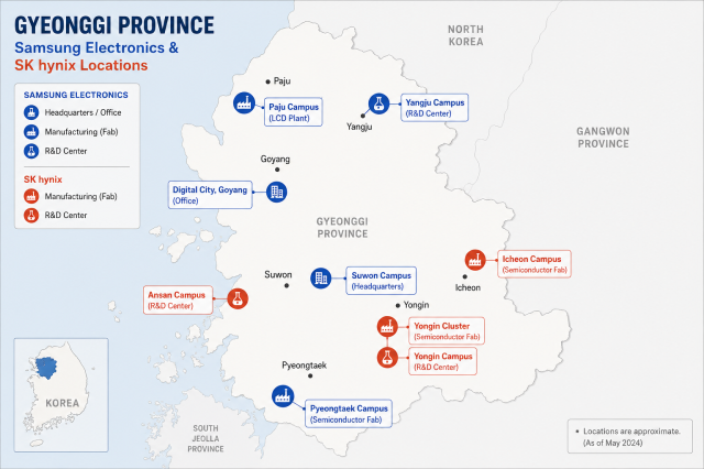Map showing major Samsung Electronics and SK hynix facilities across Gyeonggi Province Source Company data industry sources Graphic generated by ChatGPT