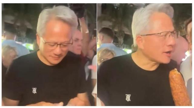 젠슨 황이 대만 타이베이의 라오허제 야시장을 방문해 구운 옥수수를 사는 모습 사진사회관계망서비스