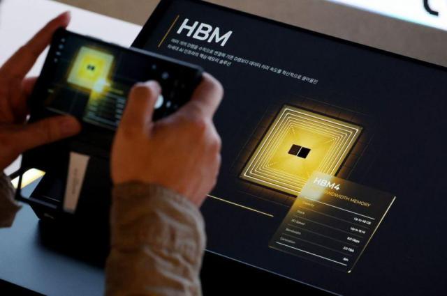 Display of sixth-generation high-bandwidth memory HBM4 at the SK Hynix booth during the SEDEX 2025 semiconductor exhibition