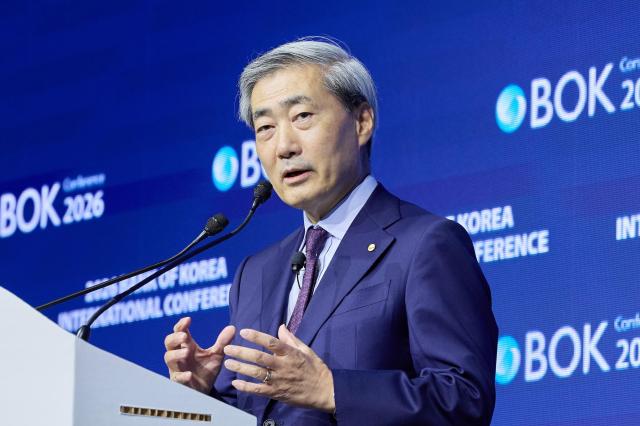 Bank of Korea Governor Shin Hyun-song delivers an opening address during an international conference themed “Central Banks and the Future of Money” at the Bank of Korea’s conference hall in Seoul on June 1 2026 Bank of Korea
