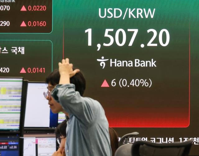 Exchange rates are displayed on a screen at Hana Banks dealing room in Seoul on Thursday May 28 2026 AJP Yoo Na-hyun