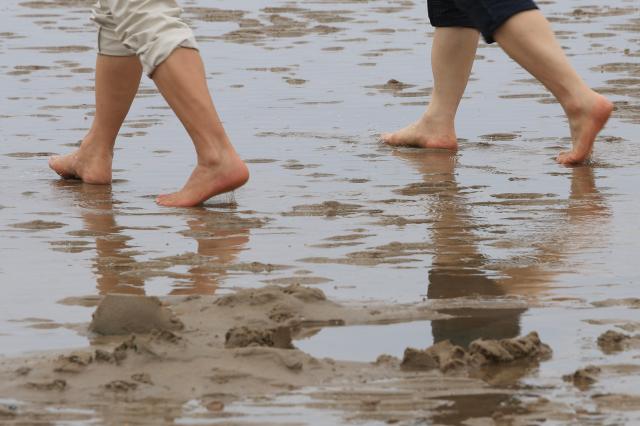 Visitors walk barefoot across the tidal flats at Hanagae Beach in Jung-gu Incheon on June 1 2026 AJP Han Jun-gu