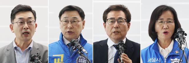 From left, Lee Hak-in, Jeong Geun-sik, Han Man-jung, and Hong Je-nam, candidates for Seoul education superintendent, announced their pledges on May 26 at the Seoul Metropolitan Office of Education.