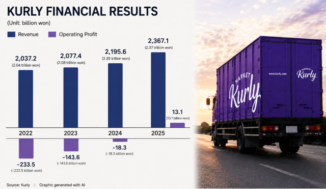 The graphic shows Kurly's revenue and operating profit trends from 2022 to 2025. Source: Kurly; Generated by Chatgpt