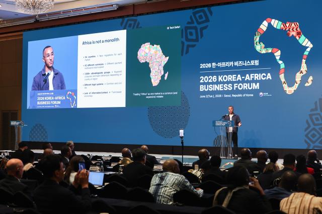 Caleb Maru co-founder and CEO of African tech media platform Tech Safari speaks during Session 1 “K-Initiative and Korea-Africa Economic Cooperation” at the 2026 Korea-Africa Business Forum at the Lotte Hotel Seoul in Jung-gu Seoul on June 2 2026 Yonhap 