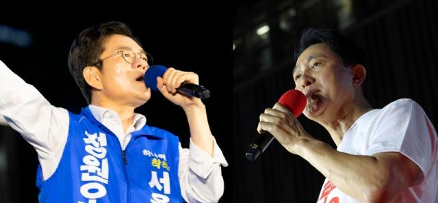 2일 저녁 서울 청계광장에서 총력유세 중인 정원오 더불어민주당 서울시장 후보왼쪽와 서울 신촌에서 마지막 유세를 하고 있는 오세훈 국민의힘 시장 후보 사진각 후보 캠프