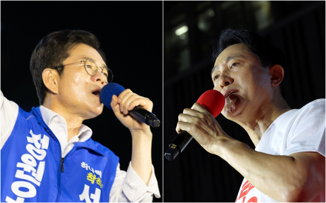 2日夕方、ソウル清渓広場で総力演説中の正元オ民主党ソウル市長候補（左）とソウル新村で最後の演説を行っているオ・セフン国民の力市長候補の写真（各候補キャンプ提供）