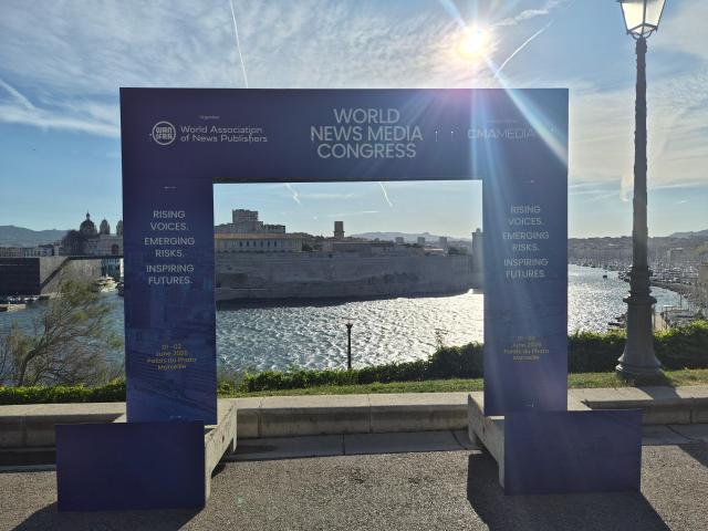 The official World News Media Congress WNMC 2026 display stands outside the Palais du Pharo in Marseille France on June 3 AJP Seo Hye-seung