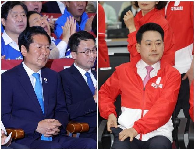 정청래 더불어민주당 대표왼쪽와 장동혁 국민의힘 대표가 지난 3일 6·3 지방선거 출구조사 결과를 지켜보고 있다 사진연합뉴스