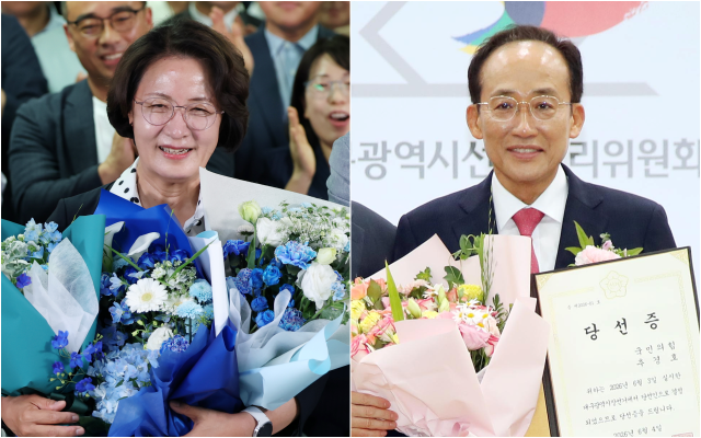 4일 오전 경기 수원 선거사무소에서 당선 축하 인사를 받고 있는 추미애 경기지사 당선인왼쪽·같은 날 오후 대구 서구 대구선관위에서 당선증 받은 추경호 대구시장 당선인 사진연합뉴스