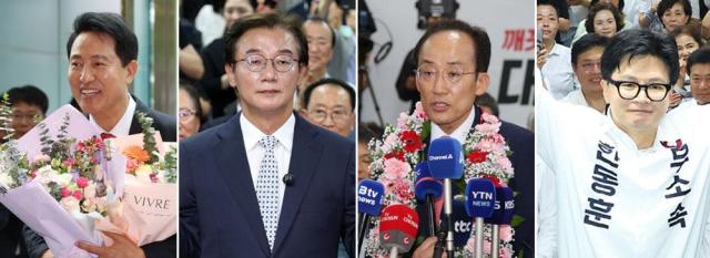Seoul mayor-elect Oh Se-hoon Busan mayor-elect Jeon Jae-soo Daegu mayor-elect Choo Kyung-ho and Han Dong-hoon who won a seat for Busans buk district in a by-election are seen in this combined photo taken on June 4 2026 Yonhap