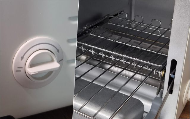 NUC Electronics' Mini Oven Toaster's two-tier grill and grill adjustment lever, photo by reporter Hyunmi Jo